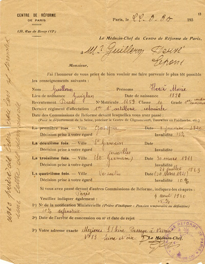 Document du centre de Réforme daté du 4 août 1930 indiquant les différentes commissions de réforme et le taux d'invalidité